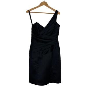 Alfred Angelo Size 6 Small Solid Black Satin One Shoulder Pleated Cocktail Dress